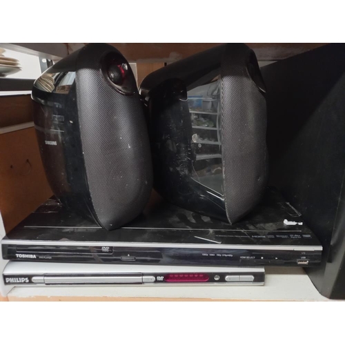 307 - Samsung speaker system, Sony speakers, Toshiba and Phillips DVD player etc (2 shelves) Collect only