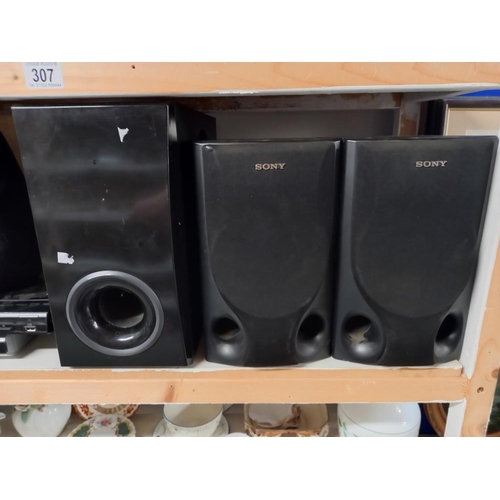 307 - Samsung speaker system, Sony speakers, Toshiba and Phillips DVD player etc (2 shelves) Collect only