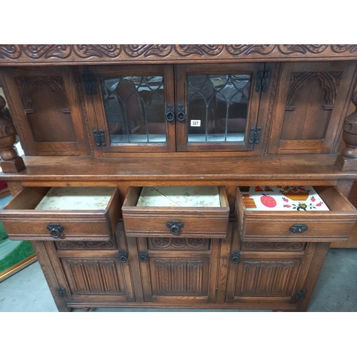 327 - A 1930's oak buffet with lead glazed doors, COLLECT ONLY.