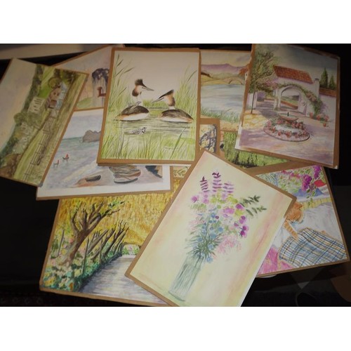 214 - A quantity of waterclour pictures, seascapes, cottage life, birds etc Collect only