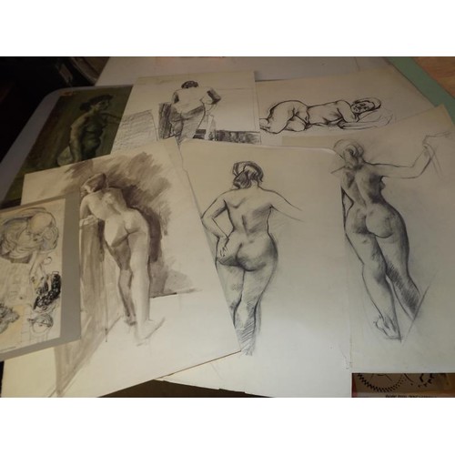 218 - A quantity of drawings in pencil, charcoal, acrylics. Nudes, still life, landscapes etc Collect only