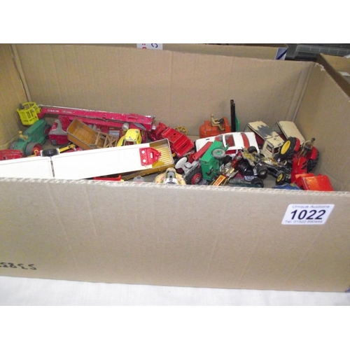 1022 - A large box of play worn Dinky Corgi etc including Yellow Submarine, glider trailer etc