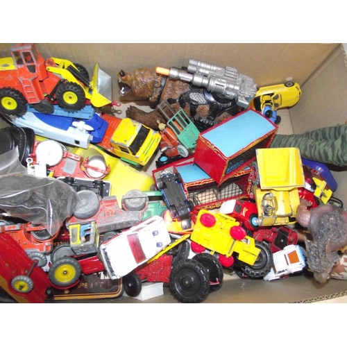 1064 - A large box of mixed toys and diecast including Dinky, Corgi, Action Man etc