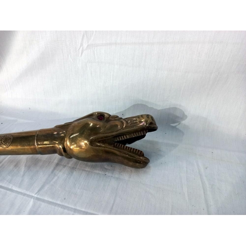 2116 - A long brass snake/python head car hooter horn, 96 cm long, COLLECT ONLY.