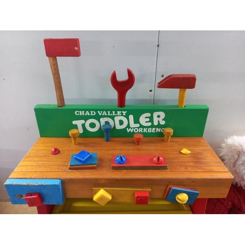 1109 - A vintage Chad Valley  toddler wooden work bench and some tools COLLECT ONLY