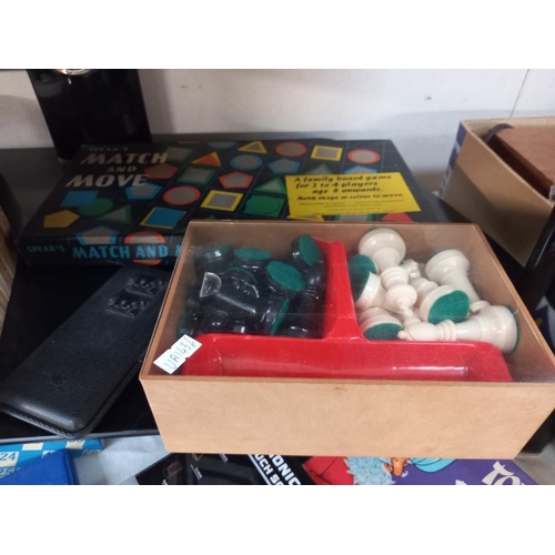 1116 - A good selection of vintage games etc  including chess set, dominoes etc on 2 shelves