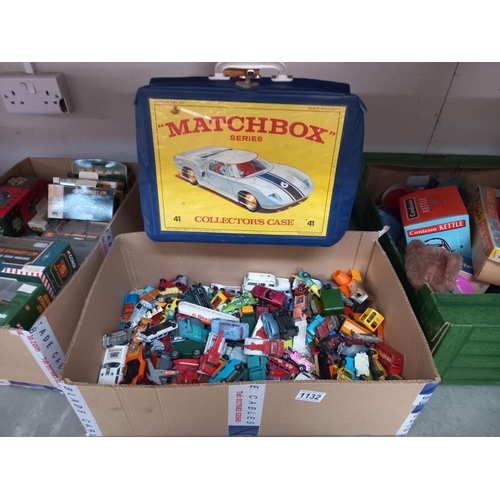 1132 - A box of play worn  diecast including early Lesney, Matchbox, Corgi etc and an empty carry case