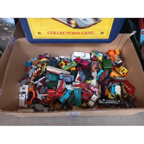 1132 - A box of play worn  diecast including early Lesney, Matchbox, Corgi etc and an empty carry case