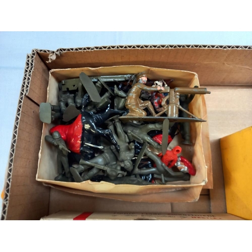 1175 - A box of lead and plastic soldiers including Britain's and boxed FG Taylor farm series windmill