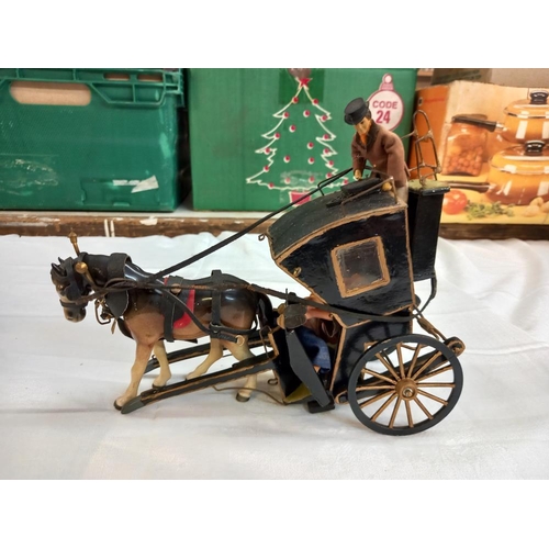 1184 - A vintage scratch built model of a Victorian handsom cab with pottery horse