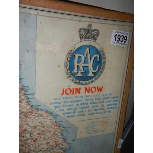 1939 - A vintage R.A.C. Wall map, COLLECT ONLY.