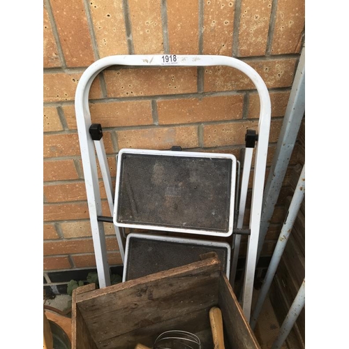 1918 - A barred gate, steps, brass jam pan and boxes, COLLECT ONLY.