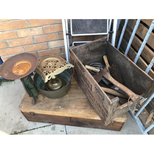 1918 - A barred gate, steps, brass jam pan and boxes, COLLECT ONLY.