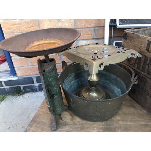 1918 - A barred gate, steps, brass jam pan and boxes, COLLECT ONLY.