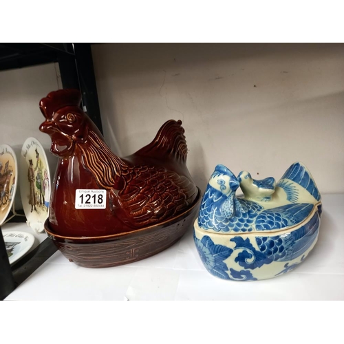 1218 - A large lidded chicken egg crock and a smaller blue and white example COLLECT ONLY