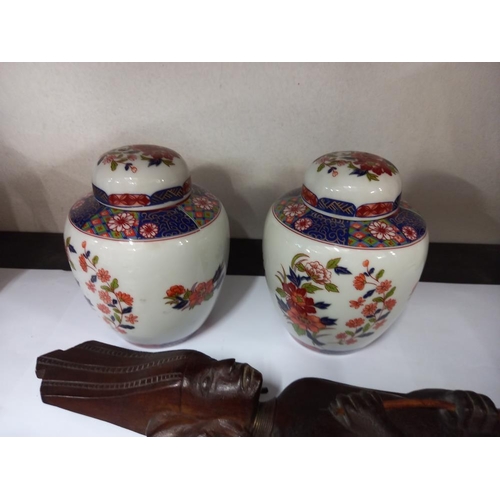 1221 - 2 ginger jars, bird figure, 2 wooden figures etc COLLECT ONLY