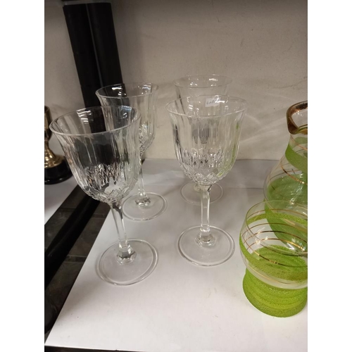 1227 - A quantity of drinking glasses & a lovely vintage water/juice jug with green stripes COLLECT ONLY