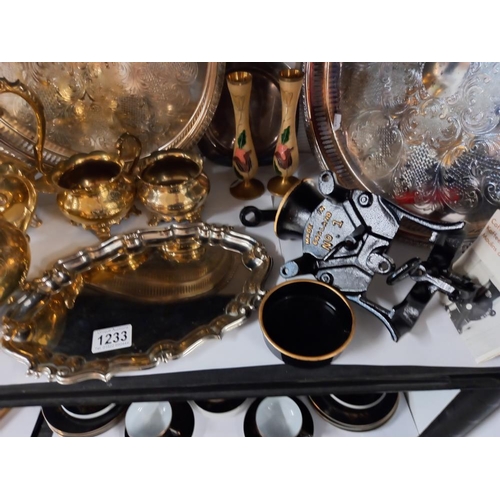 1233 - A quantity of silver plate, brass items and a Spong mincer COLLECT ONLY