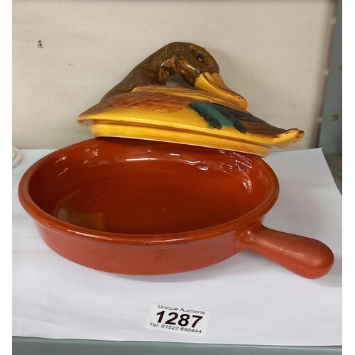 1287 - A fabulous vintage French lidded duck pan with handle (Pate', Casserole, Terrine) COLLECT ONLY