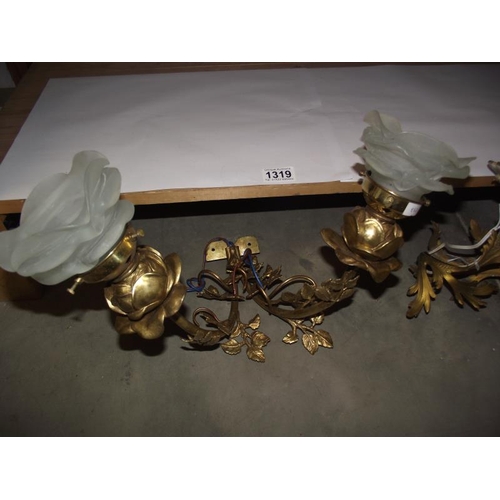 1319 - A pair of ormolu wall lights together with a twin ormolu wall light COLLECT ONLY