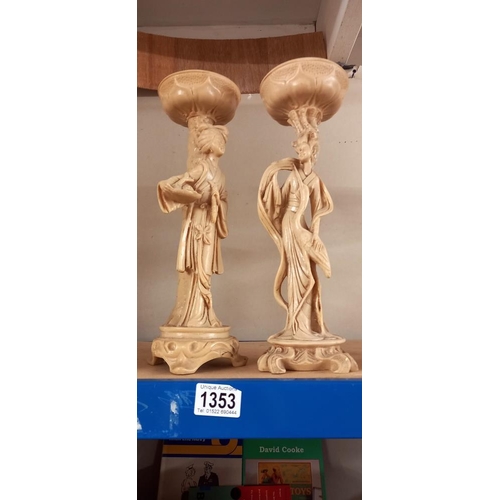 1353 - A pair of resin Chinese figural candle holders and 1 other and a vintage Ode All Amore plaster figur... 