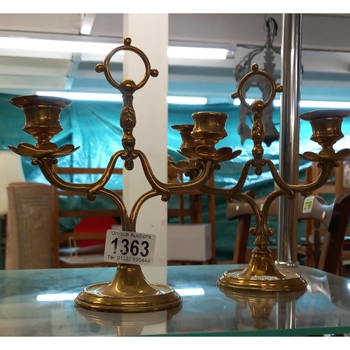 1363 - A pair of small brass candlesticks (missing 1 sconce) COLLECT ONLY