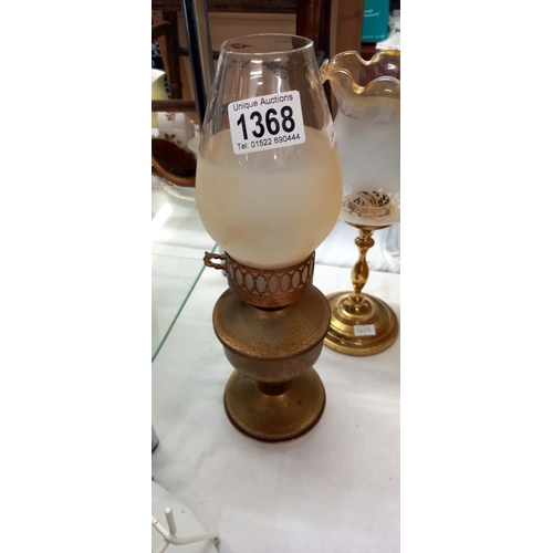 1368 - A brass candle lamp with glass shade and an oil lamp COLLECT ONLY