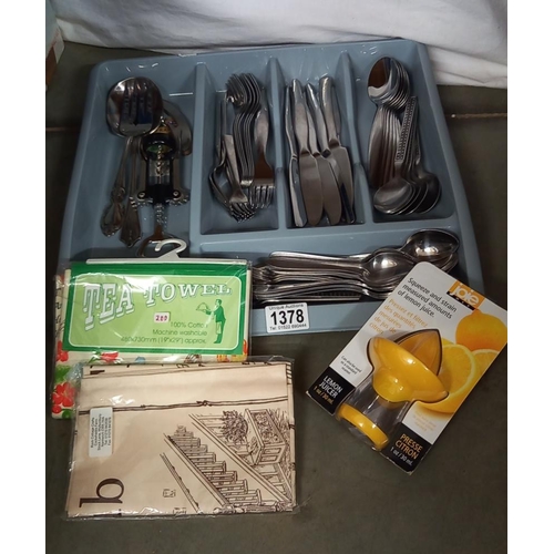 1378 - A quantity of cutlery and 2 new tea towels etc COLLECT ONLY