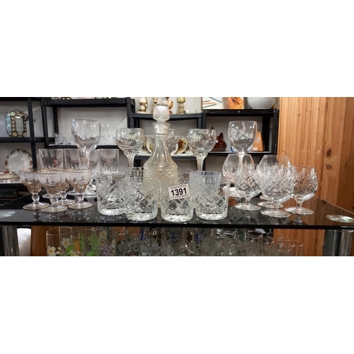 1391 - 2 shelves of crystal and other drinking glasses including a decanter COLLECT ONLY