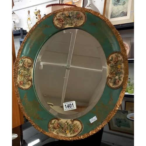 1401 - A 19/20c oval bevel edge mirror with floral pattern frame COLLECT ONLY