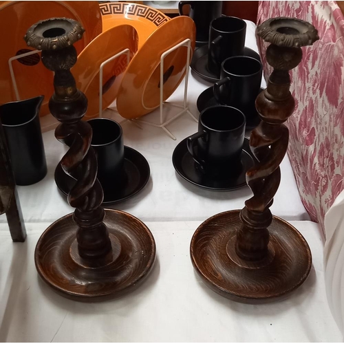 1405 - A pair of 1930's barley twist oak candlesticks and an Indian carved wooden table COLLECT ONLY