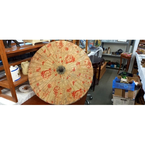 1509 - A vintage Chinese parasol & a large painted wall fan COLLECT ONLY