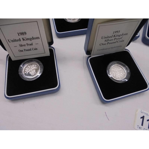 1103 - Eight cased silver proof one pound coins.