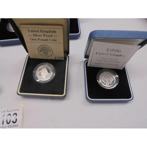 1103 - Eight cased silver proof one pound coins.