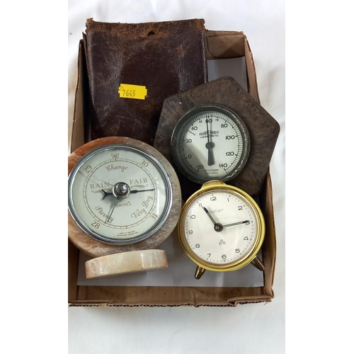 1622 - 2 vintage thermometers & 2 travel clocks