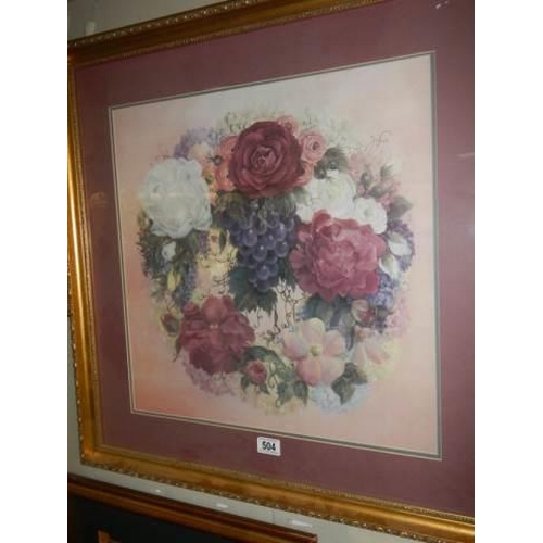 504 - A framed and glazed floral display painting, signed but indistinct.  COLLECT ONLY.