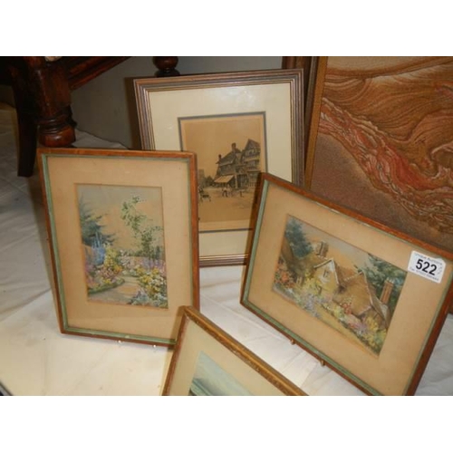 522 - Seven good watercolours, engravings etc., COLLECT ONLY.