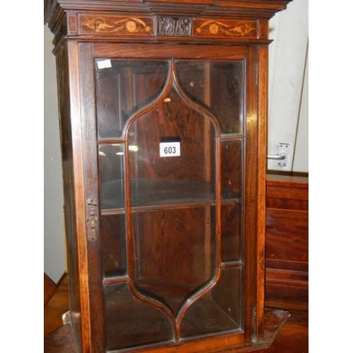 603 - A small Victorian mahogany inlaid corner cupboard, COLLECT ONLY.