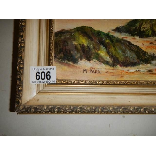 606 - A 20th century oil on board painting signed M Parr. COLLECT ONLY.