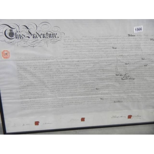 1566 - A framed and glazed indenture dated 1-7-1896, stamped and wax sealed, 76 x 56 cm, COLLECT ONLY.