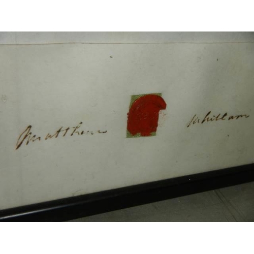 1566 - A framed and glazed indenture dated 1-7-1896, stamped and wax sealed, 76 x 56 cm, COLLECT ONLY.