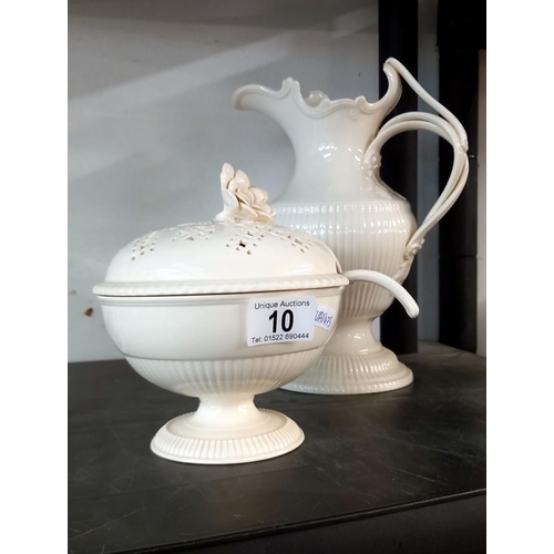 10 - A creamware jug and lidded bowl with ladle