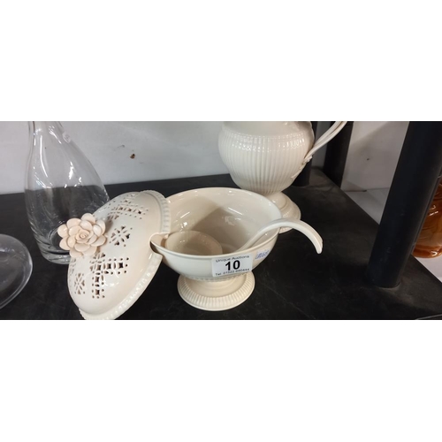 10 - A creamware jug and lidded bowl with ladle