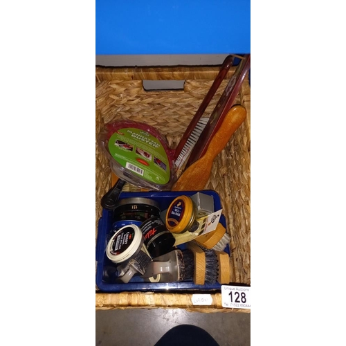 128 - A raffia box containing a quantity of shoe cleaning brushes/polishes and clothing brushes etc