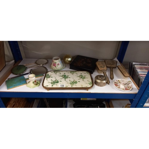 132 - A quantity of vintage dressing table items, candle holders, a decorative box etc