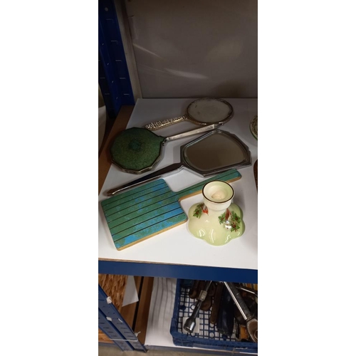 132 - A quantity of vintage dressing table items, candle holders, a decorative box etc