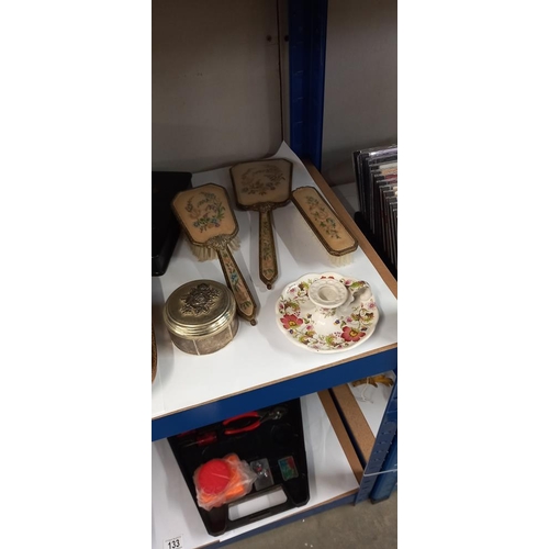 132 - A quantity of vintage dressing table items, candle holders, a decorative box etc