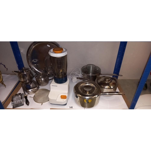 145 - A quantity of kitchenalia including saucepans,, Kenwood electric chopper etc COLLECT ONLY