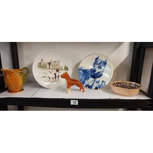 15 - 2 collectors plates of bull terriers, a figure of a bull dog, a leaf design jug and a bowl