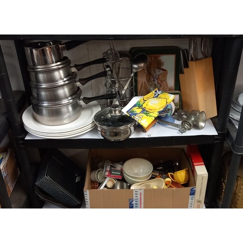 17 - A quantity of kitchenalia including saucepans, on 2 shelves COLLECT ONLY